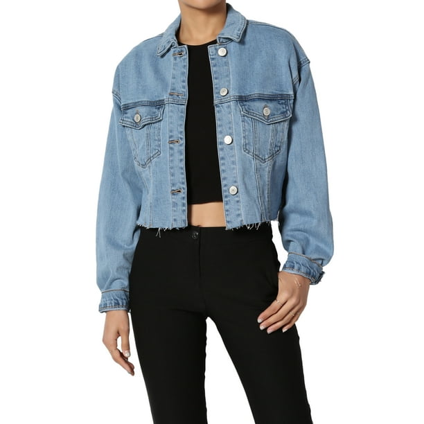 Denim Bloom Womens light Color With Frayed Hem Denim Over Size Jacket Denim Bloom Womens light Color With Frayed Hem Denim Over Size Jacket